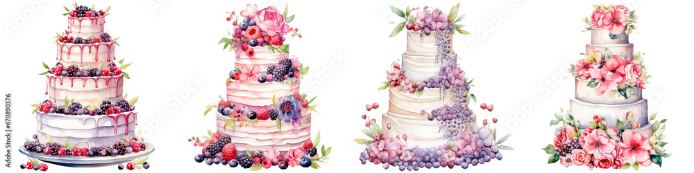 Wedding cake, watercolor illustration on white background, concept valentine's day