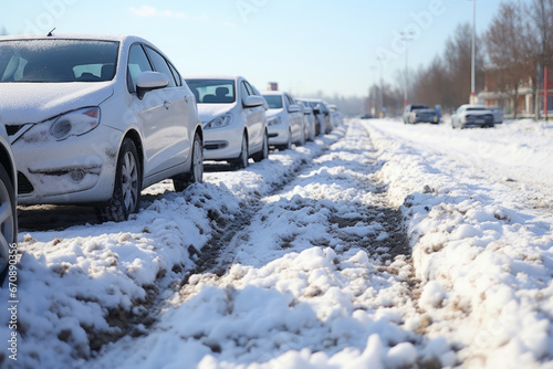 Snowy Cars Battling a Blinding Blizzard on an Enchanting Street Scene