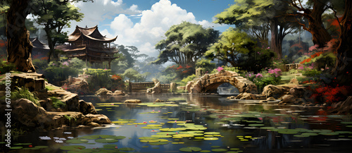 Ancient garden scenery includes mountains  water  pavilions and bridges 3