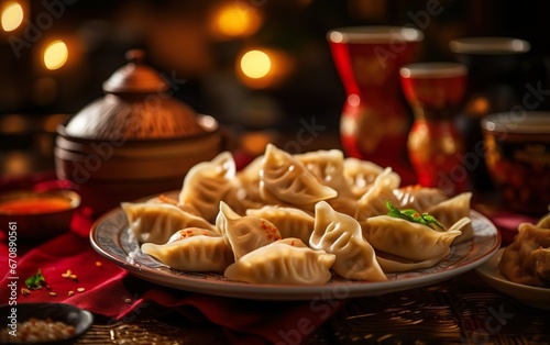 Happy Chinese New Year party photo. Photorealistic dumplings on the table, close up, de focus