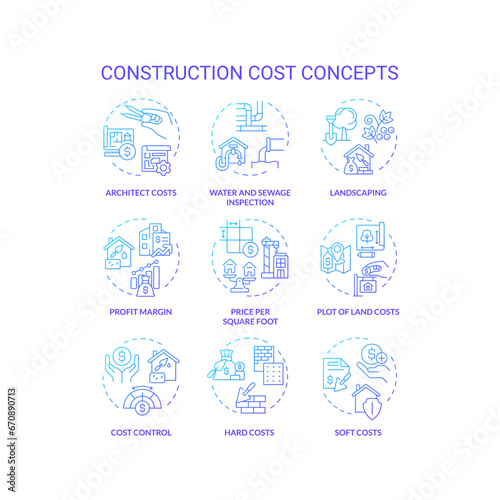 Set of 2D thin line gradient icons representing construction cost  isolated vector  linear illustration.