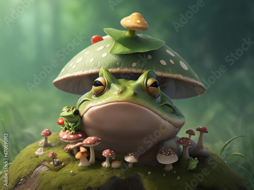 A frog with a mushroom on his head is under a mountain