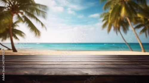 wooden table with blurry island in the background