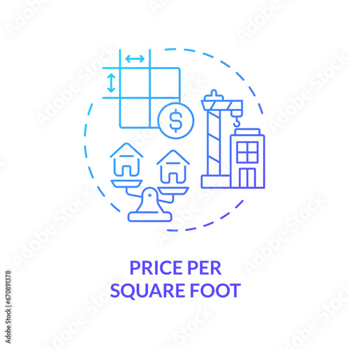 2D gradient price per square foot icon, simple isolated vector, construction cost thin line illustration.