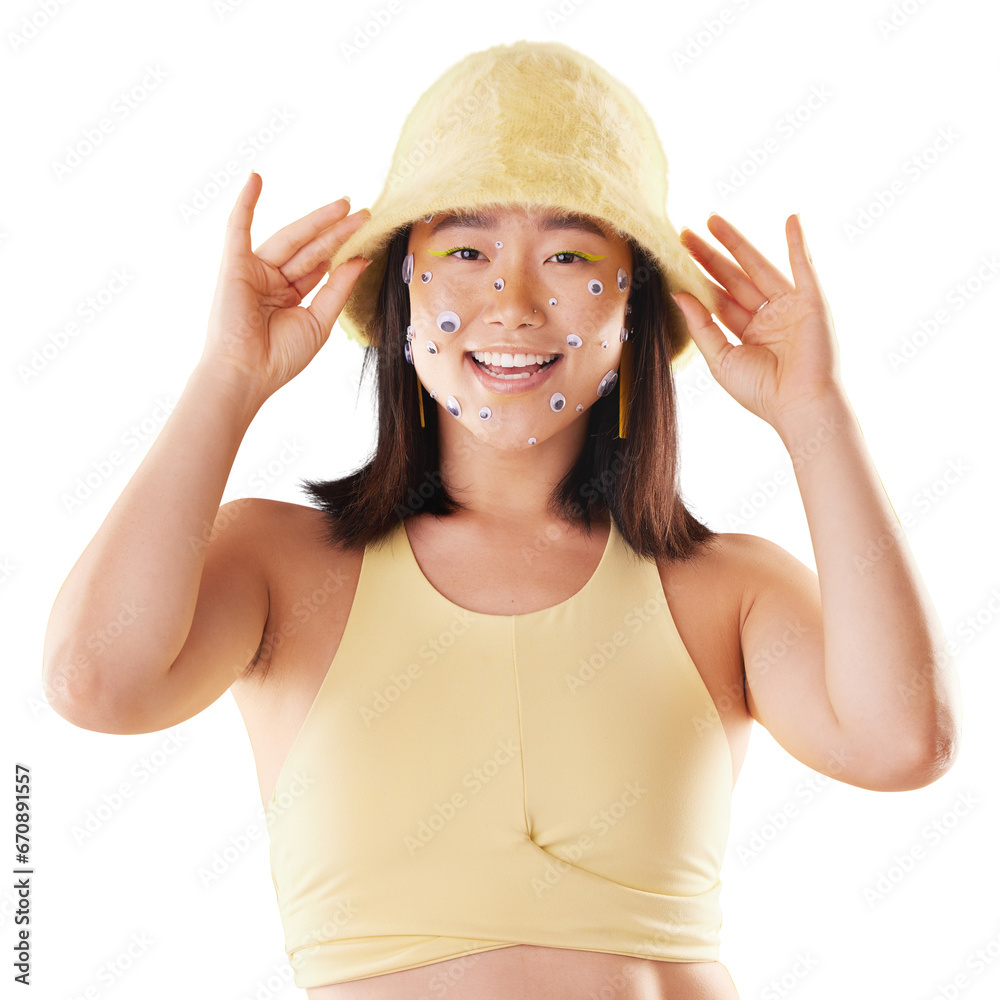 Eyes stickers, portrait and woman face for funny or creative fashion isolated on transparent png background. Happy, trendy and gen z model or asian person with clothes and comic or art for design Eyes stickers, portrait and woman face for funny or creative fashion isolated on transparent png background. Happy, trendy and gen z model or asian person with clothes and comic or art for design