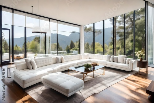 White sofa against floor to ceiling window. Hollywood glam  mid-century style home interior design of modern living room in villa in forest
