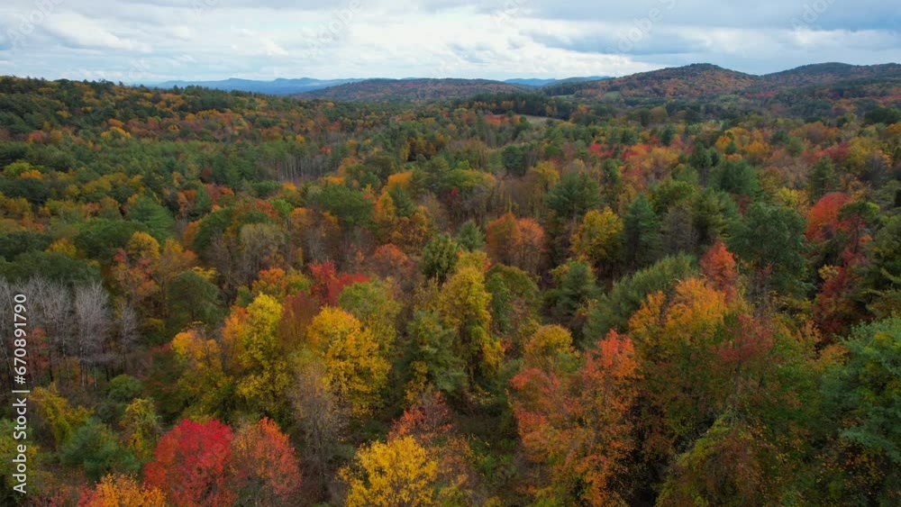 Drone backward view of generic fall foligae on a rainy day, western Massachusetts, USA Drone backward view of generic fall foligae on a rainy day, western Massachusetts, USA