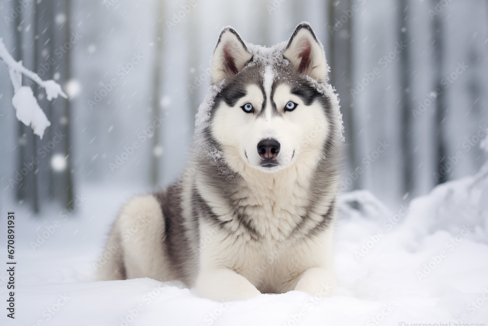 beautiful siberian husky in winter landscape, generative ai