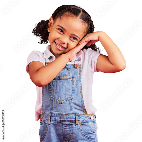 Young girl, cute and shy expression with happy kid in denim clothes, fashion and fun isolated on transparent png background. Casual, happiness and female child with innocent face, playful and bashful