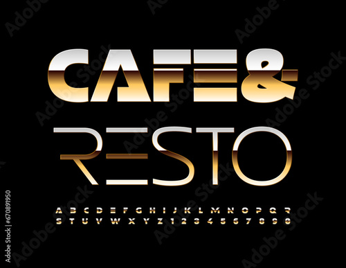 Vector stylish sign Cafe and Resto. Shiny Gold Font. Futuristic style Alphabet Letters and Numbers set