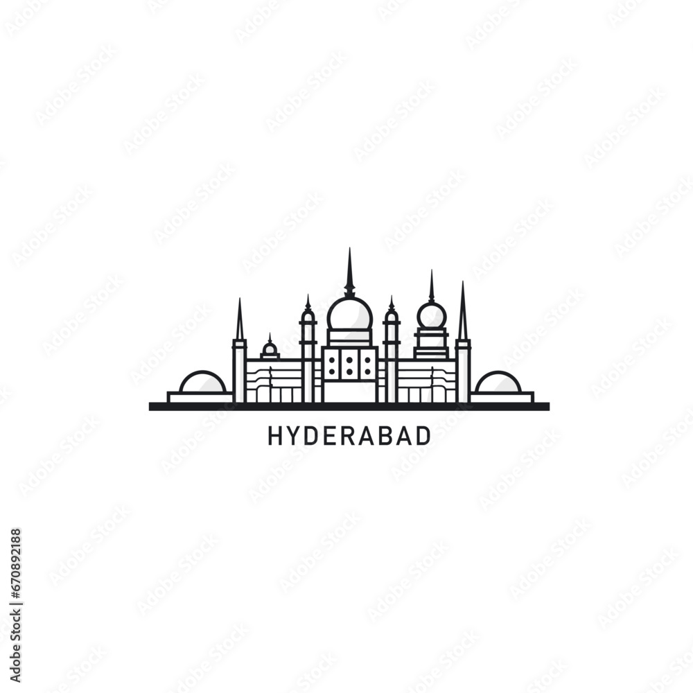 India Hyderabad cityscape skyline city panorama vector flat modern logo icon. Telangana state emblem idea with landmarks and building silhouettes. Isolated thin line graphic