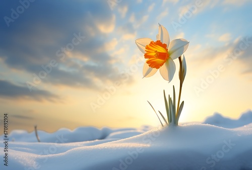 Daffodil flower in the snow at sunset. Nature background