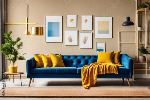 Blue sofa with yellow pillows and blanket against beige wall with frame poster. Scandinavian home interior design of modern living room © Hamza