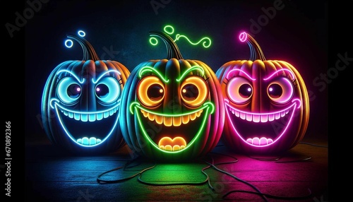 An AI illustration of three halloween jack and jill pumpkins with glowing eyes and mouths photo