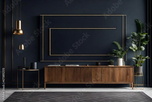 Mockup frame on cabinet in living room interior on empty dark wall background