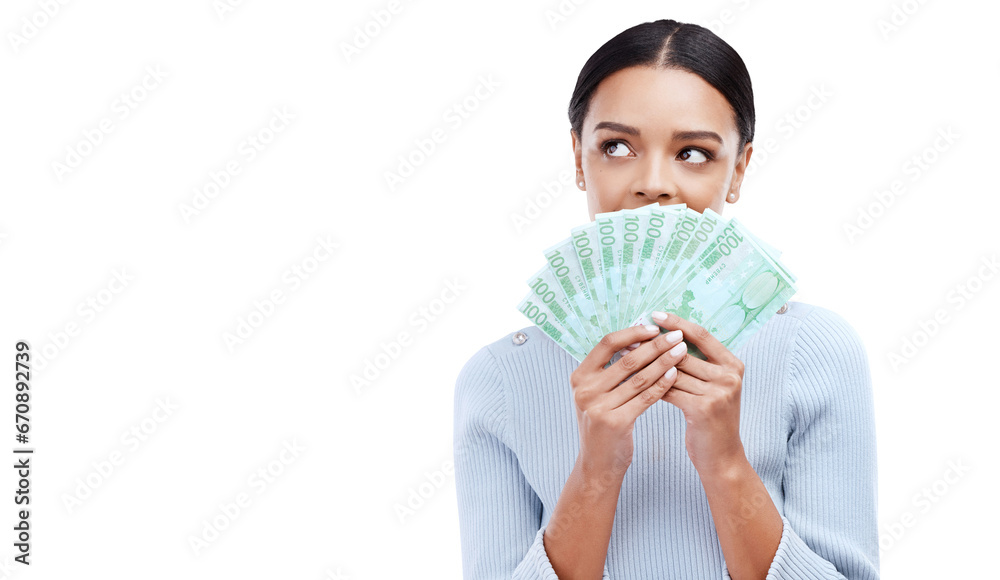 Thinking, finance and winner with woman and money on png for prize, success or investment. Wow, dollar and bonus with person and cash isolated on transparent background for savings, profit or lottery Thinking, finance and winner with woman and money on png for prize, success or investment. Wow, dollar and bonus with person and cash isolated on transparent background for savings, profit or lottery