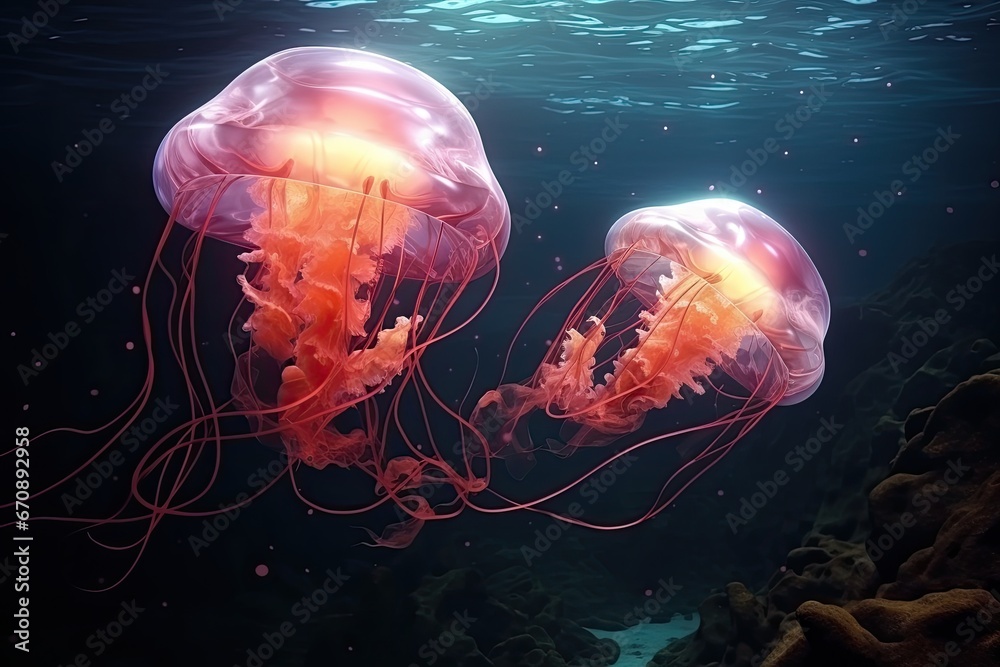 Jellyfish in the deep blue sea. 3D rendering, Two jellyfishes swimming in the water. 3d rendering, AI Generated