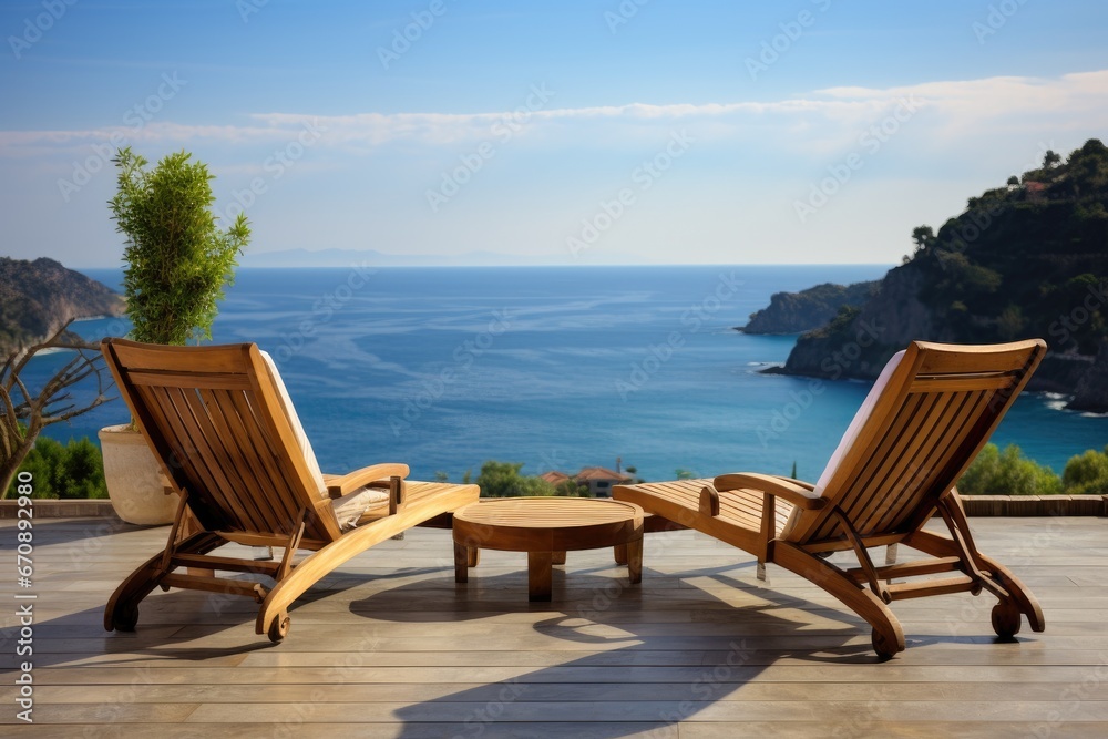 Wooden deck chairs on the terrace of luxury house with sea view, Two Deck Chair on Terrace with Pool and Stunning Sea View, AI Generated