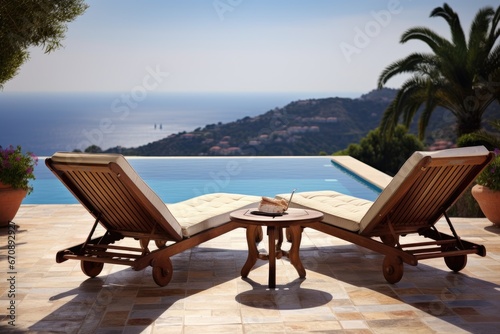 Luxury swimming pool with sun loungers and sea view, Two Deck Chair on Terrace with Pool and Stunning Sea View, AI Generated