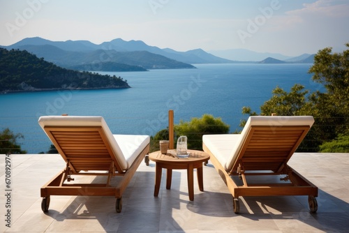 Beach chairs on the terrace of a luxury villa overlooking the sea, Two Deck Chair on Terrace with Pool and Stunning Sea View, AI Generated