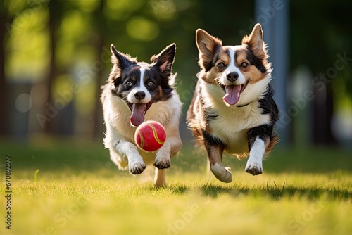 Two Welsh corgi dogs running with a ball in the mouth, Two dogs running with red ball in mouth on green grass in park, AI Generated