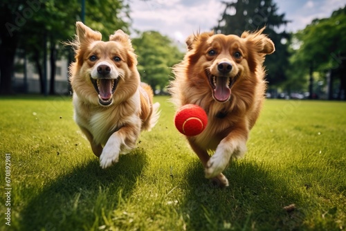Fototapeta Naklejka Na Ścianę i Meble -  Two red dogs playing with a ball in the park on the grass, Two dogs running with red ball in mouth on green grass in park, AI Generated
