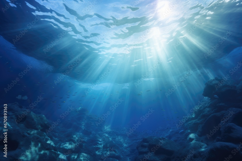 Underwater view of the coral reef with sunbeams and rays, Underwater Ocean Blue Abyss With Sunlight Diving And Scuba Background, AI Generated