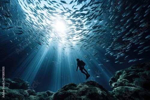 Silhouette of diver and school of fish in the blue sea, AI Generated photo