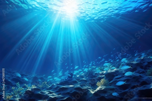 Underwater scene with fishes and rays of light. Vector illustration, Underwater Ocean Blue Abyss With Sunlight Diving And Scuba Background, AI Generated