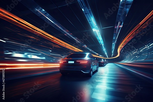 Car on the road with motion blur background. Concept of speed, Underground tunnel with moving cars at night. View from below, AI Generated
