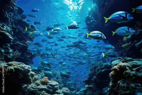 School of fish in the Red Sea. Egypt, Sharm El Sheikh, Underwater divers shoals of fish. 8k Ultra HD, AI Generated photo