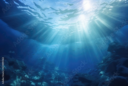 Underwater view of the coral reef with sunbeams and rays, Underwater Ocean Blue Abyss With Sunlight Diving And Scuba Background, AI Generated