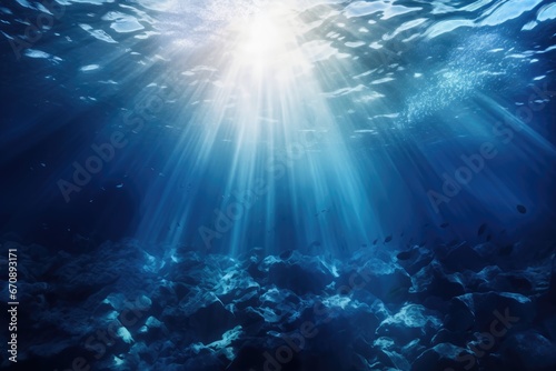 Underwater scene with sunbeams shining through the water surface, Underwater Ocean  Blue Abyss With Sunlight Diving And Scuba Background, AI Generated © Ifti Digital