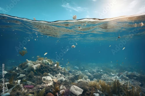Underwater view of a seabed with trash and plastic bottles  Underwater view of a pile of garbage in the ocean. 3d rendering  AI Generated