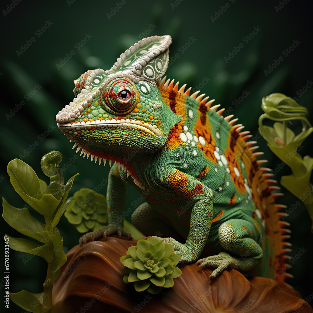 Fototapeta premium Image of green chameleon on branch in forest. Reptile. Animals.