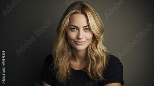 happy Beautiful cheerful smiling woman with blonde hair dressed casually looking satisfied at the camera on studio wall background created with Generative AI Technology