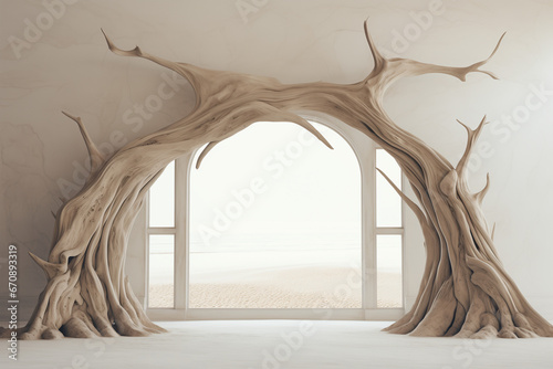 Dry tree forming arch on sand desert landscape. Product display on pastel surreal background with dry driftwood snag, branch frame, gates. Empty space photo