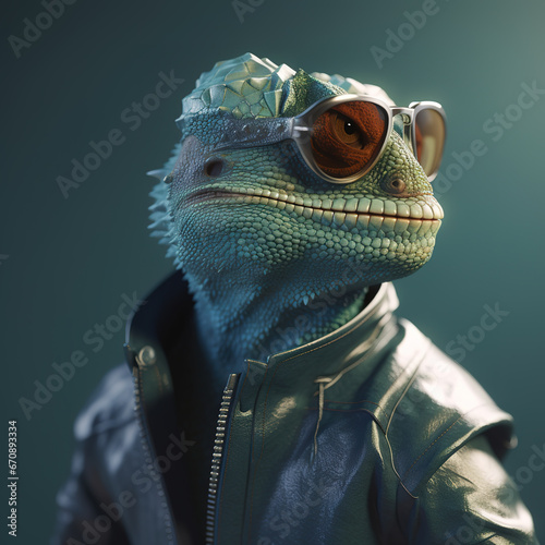 Image of stylish cool chameleon wearing sunglasses as fashion and wore a leather jacket. Modern fashion, Animals, Illustration, Generative AI.