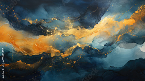 Abstract background paint dark blue and gold oil watercolor photo wallpaper - generative AI