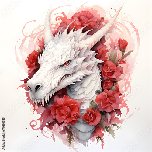 Watercolor white dragons with red roses on a white background