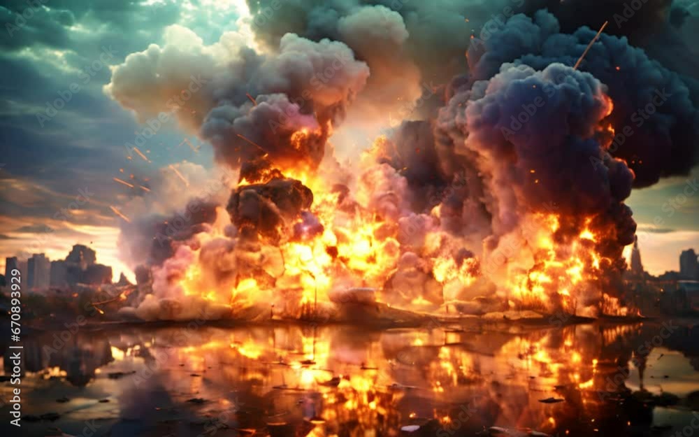 A massive explosion in the city with towering columns of smoke and fire against a sunset backdrop. The concept of wars and destruction. Generative AI