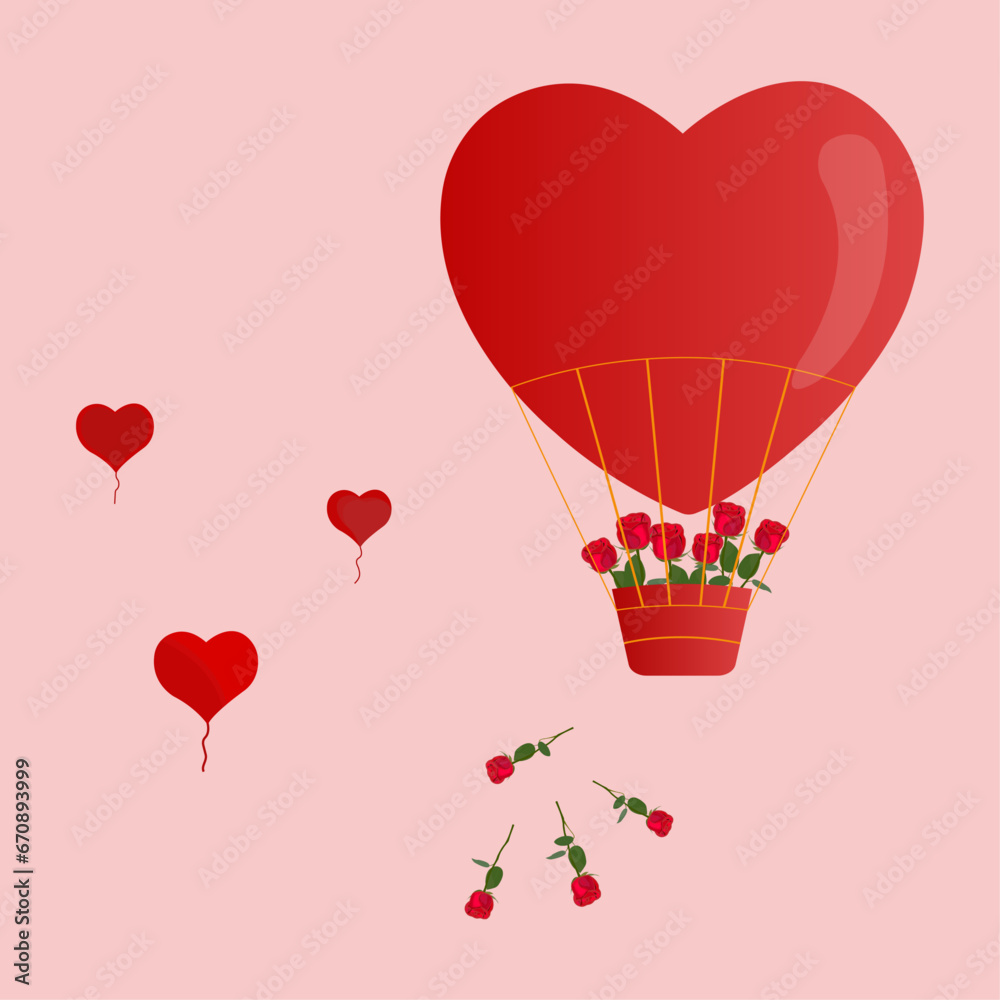 Valentine's greeting card. Beautiful background for weddings and anniversaries. Red heart balloon with a hanging basket on ropes. Red roses and red hearts on a pink background. Vector cartoon flat.