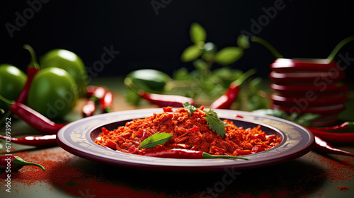 Spicy and fresh Indonesian red hot chili sauce on a traditional plate created with Generative AI Technology