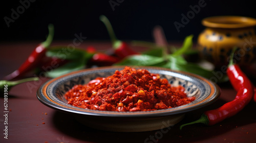 Spicy and fresh Indonesian red hot chili sauce on a traditional plate created with Generative AI Technology