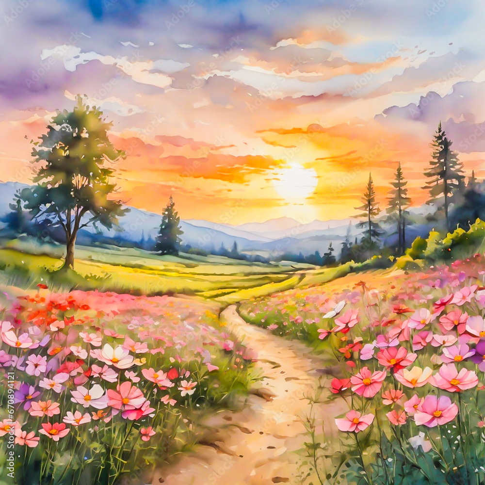 Landscape of a dirt road and a beautiful field of cosmos flowers at sunset.