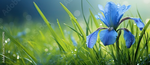 Gorgeous blue iris flower on green grass background © 2rogan