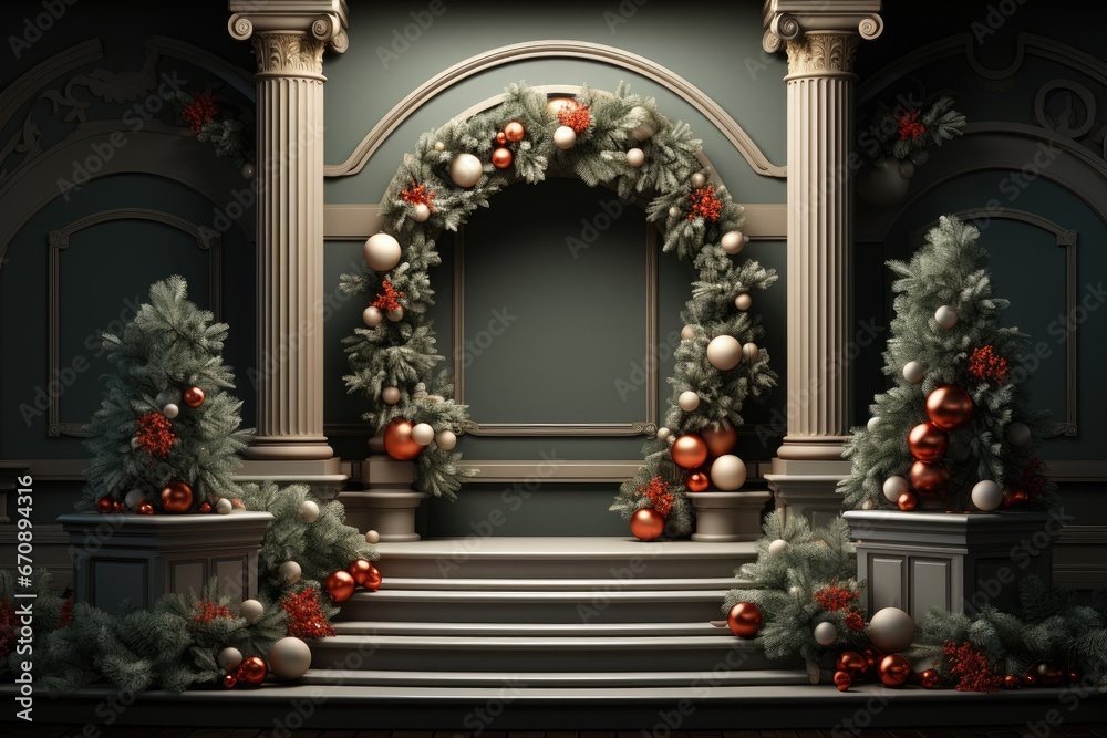 Podium for product display and Christmas baubles decoration. Generative AI