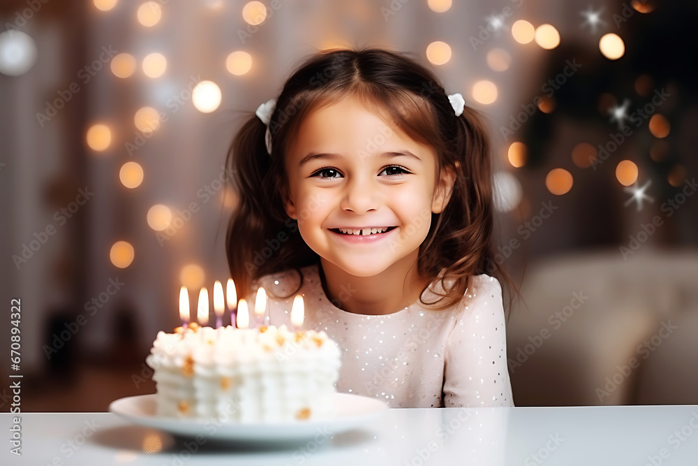 A child girl is going to blow out the candles on a birthday cake. The girl looks at the camera and smiles