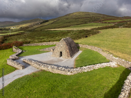 Gallarus Oratory aerial view (Séipéilín Ghallarais), early Christian church, Dingle Peninsula, County Kerry, Ireland, United Kingdom photo