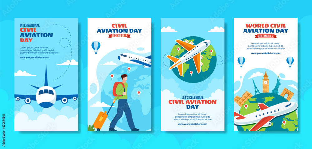 Civil Aviation Day Social Media Stories Flat Cartoon Hand Drawn Templates Background Illustration